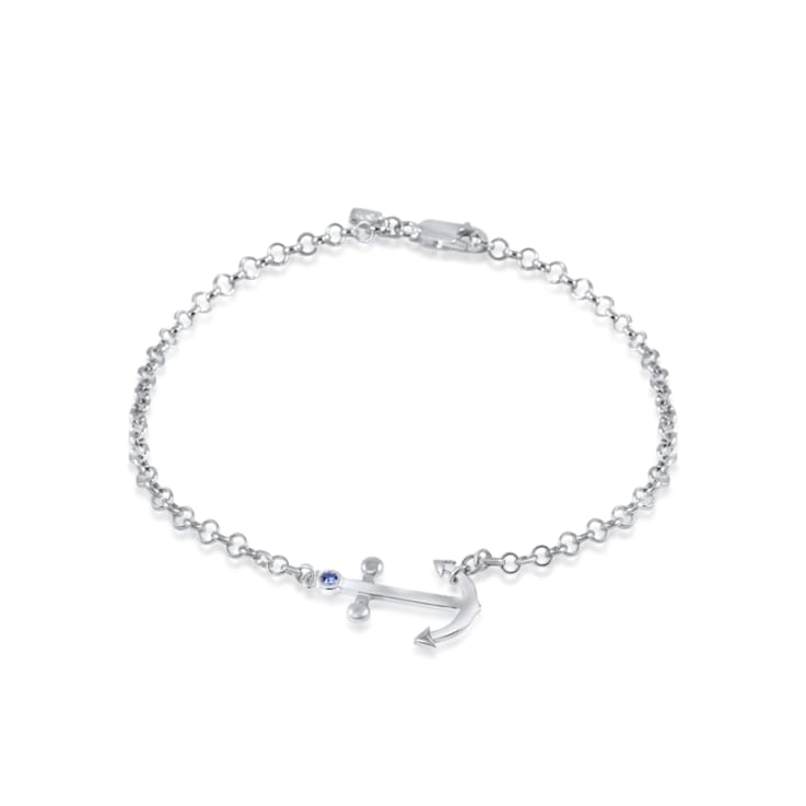 Sterling Silver Anchor Rolo Chain Bracelet with Blue CZ Accent.