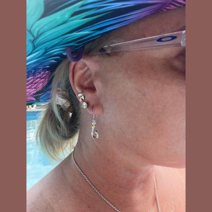Sterling Silver Fishing Hook Dangle Style Earrings with Blue CZ Accents,
Medium Hook Size.