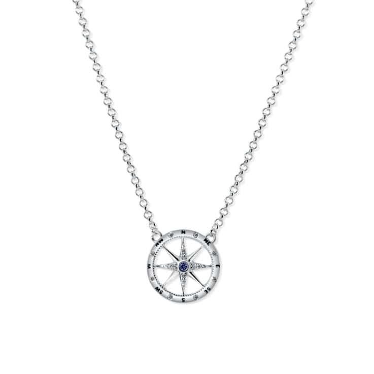 Sterling Silver Compass Rolo Chain Necklace with Crystal and Blue CZ Accents.