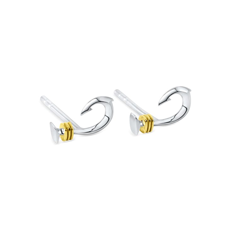 Sterling Silver Fishing Hook Stud Earrings with Blue CZ Accents.
