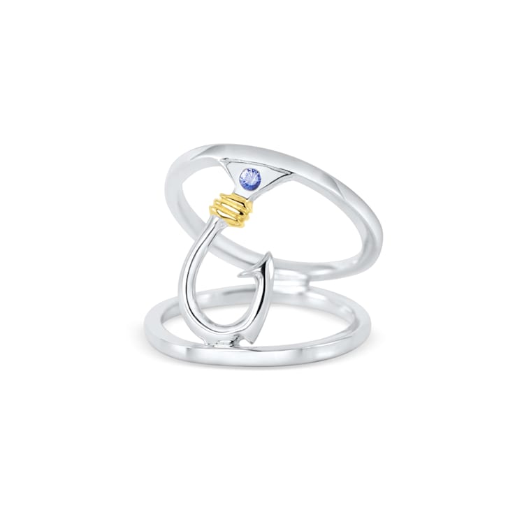 Sterling Silver Fishing Hook Open Design Ring with Blue CZ Accent.