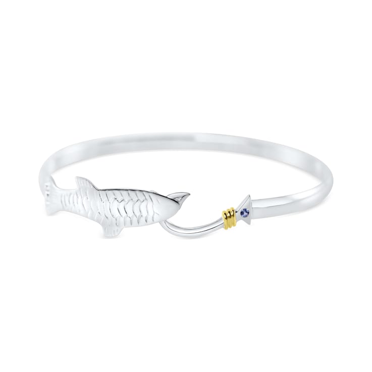 Sterling Silver Tarpon and Fishing Hook Bangle Bracelet with Blue CZ Accent.