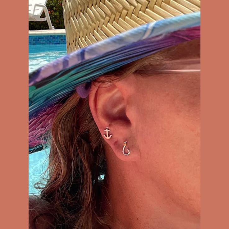 Sterling Silver Fishing Hook Stud Earrings with Blue CZ Accents.