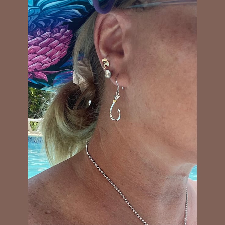 Sterling Silver Fishing Hook Dangle Style Earrings with Blue CZ