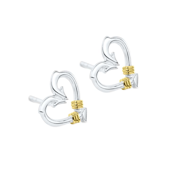 Sterling Silver Fishing Hook Heart Shape Stud Earrings with Blue CZ Accents.