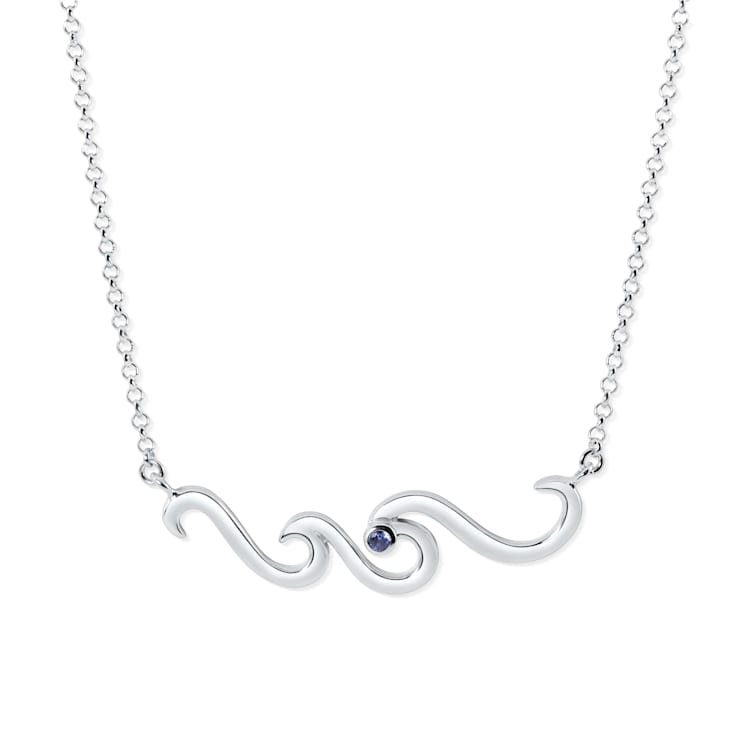 Sterling Silver Wave Necklace with Rolo Chain and Blue CZ Accent.
