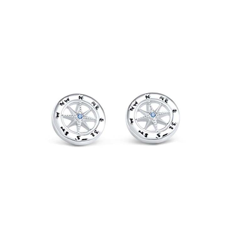 Sterling Silver Compass Stud Earrings with Blue CZ Accents.