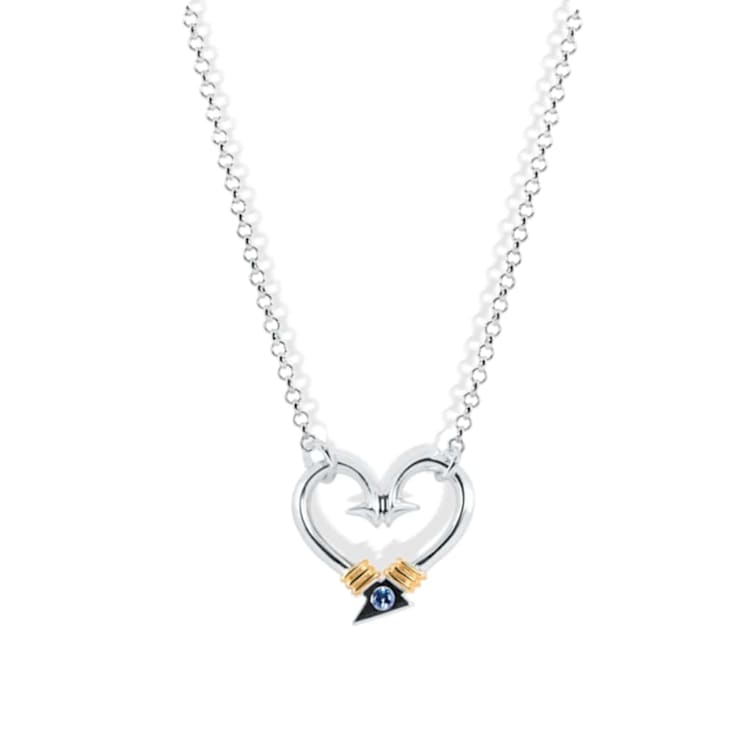 Sterling Silver Large Fishing Hook Heart Necklace with Blue CZ Accent.