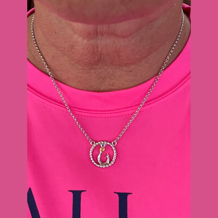 Sterling Silver Fishing Hook Circle Necklace with Rolo Chain and Blue CZ Accent.