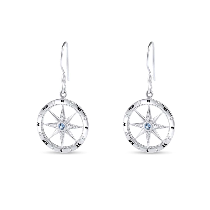 Sterling Silver Compass Dangle Earrings with Blue CZ Accents.