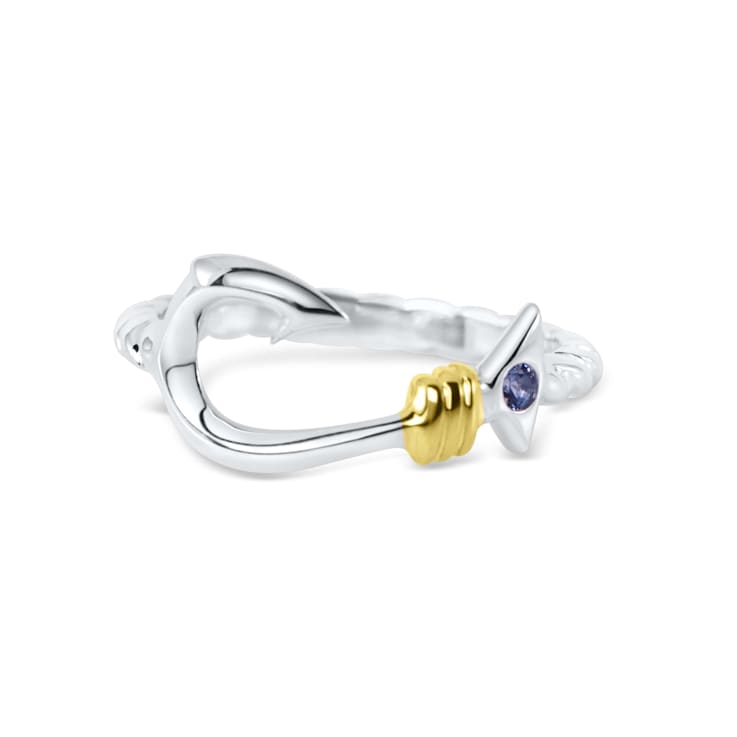 Sterling Silver Fishing Hook Ring with Rope Design and Blue CZ Accent.