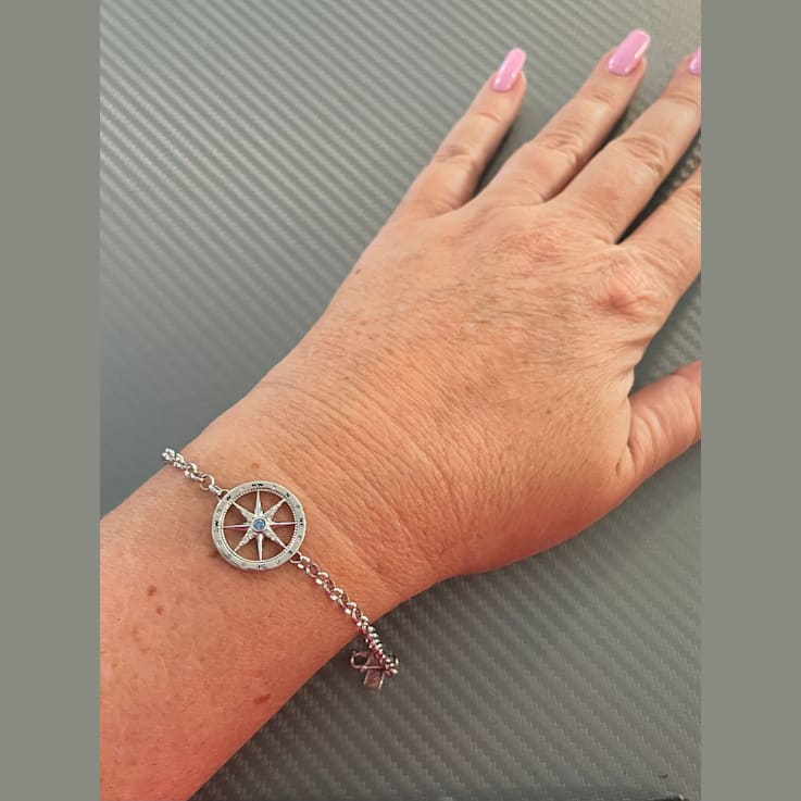 Sterling Silver Compass Rolo Chain Bracelet with Blue CZ Accent.