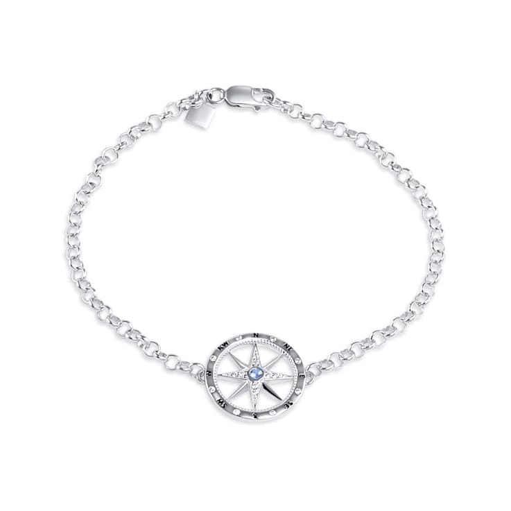 Sterling Silver Compass Rolo Chain Bracelet with Blue CZ Accent.