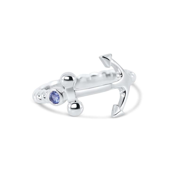 Sterling Silver Anchor Ring with Rope Design and Blue CZ Accent.