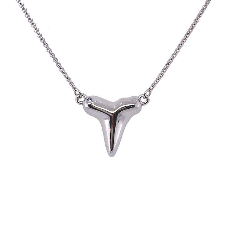 Sterling Silver Shark's Tooth Necklace with Rolo Chain and Blue CZ Accent.