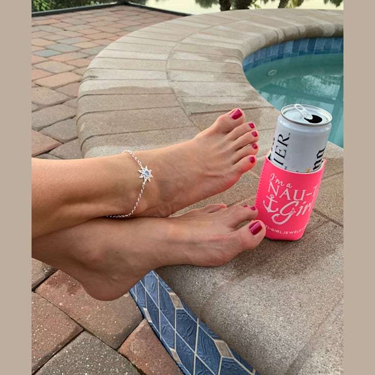 Sterling Silver Sun Anklet with Blue CZ Center Stone.
