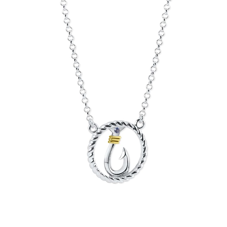 Sterling Silver Fishing Hook Circle Necklace with Rolo Chain and Blue CZ Accent.