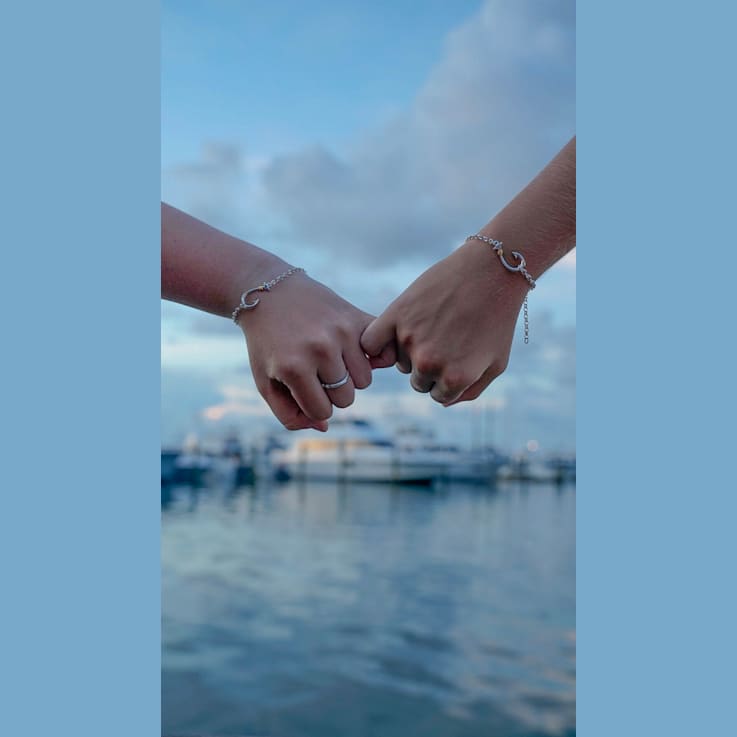 Sterling Silver Fishing Hook Rolo Chain Bracelet with Blue CZ Accent.