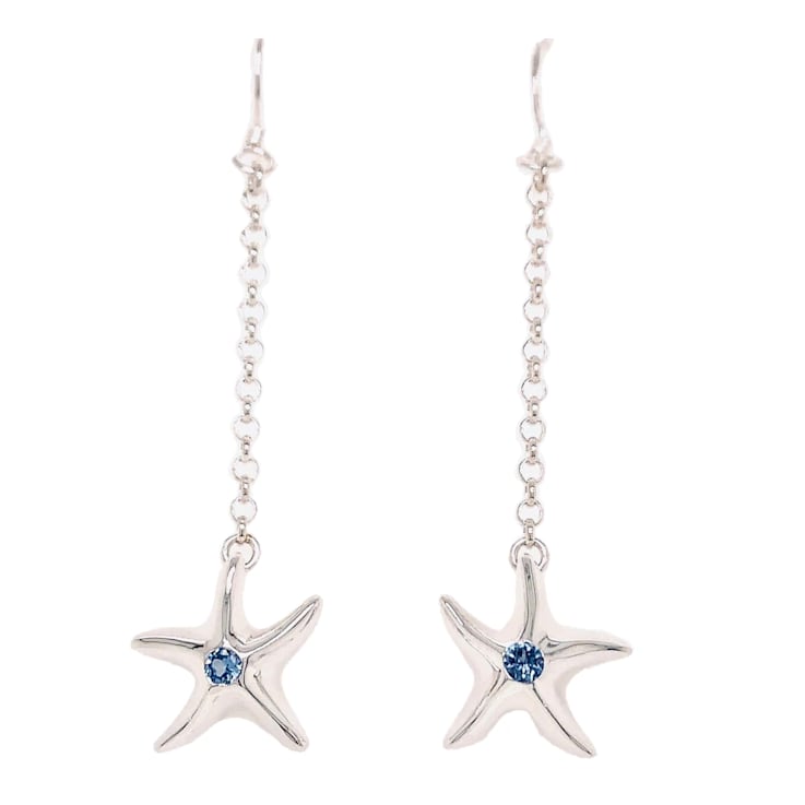 Sterling Silver Starfish Dangle Earrings with Blue CZ Accents.