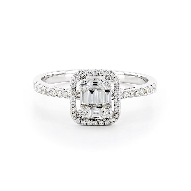 Round and Baguette Diamond Halo 14K White Gold Ring