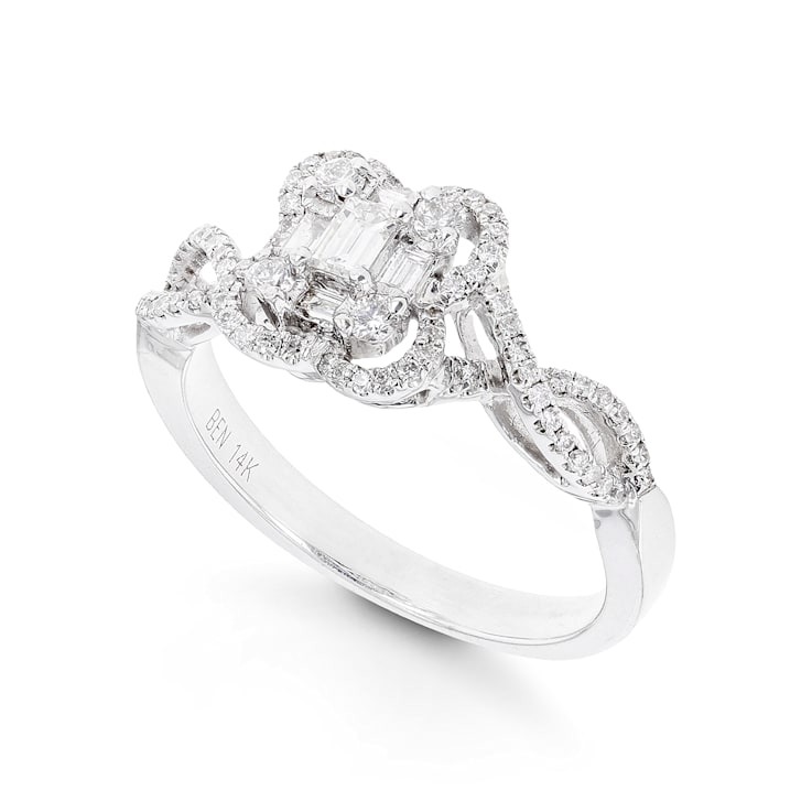 Round and Baguette Diamond 14K White Gold Ring