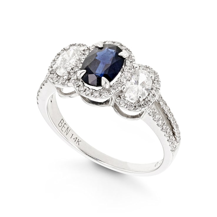 Oval Halo 3 Stone Semi with Sapphire Center 14K White Gold Ring