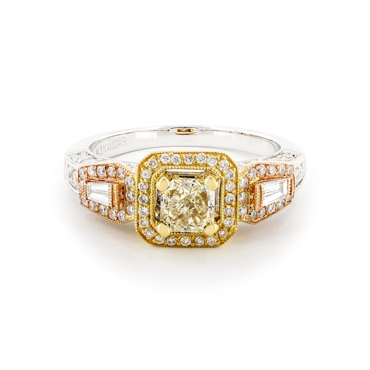 Round and Baguette Channel with Princess Yellow Center 18K Tri-color
Gold Ring