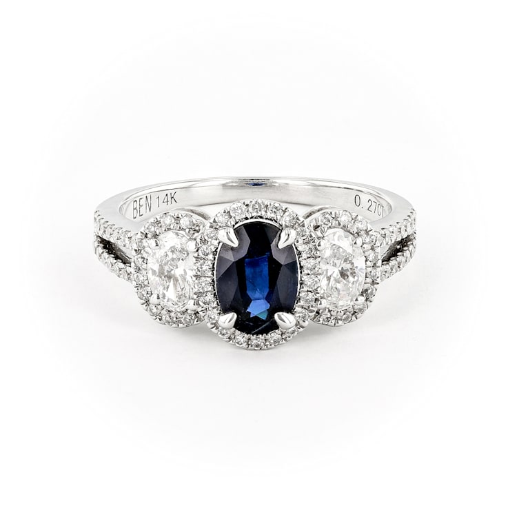 Oval Halo 3 Stone Semi with Sapphire Center 14K White Gold Ring