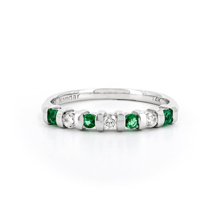 Round Diamond and Emerald 14K White Gold Ring