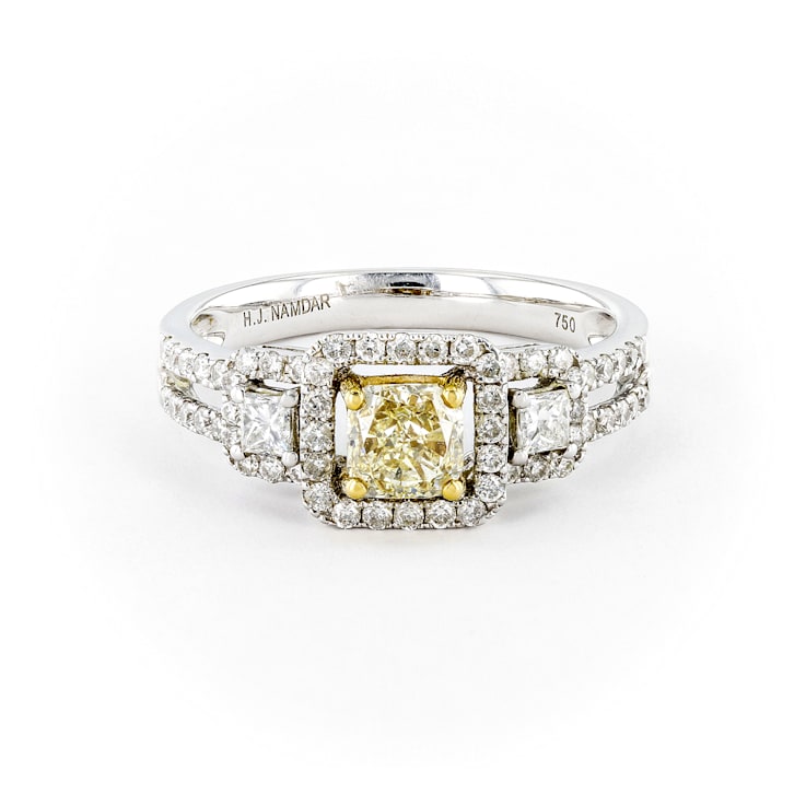 Round and Princess Diamond Ring with Yellow Center 18K White Gold Ring