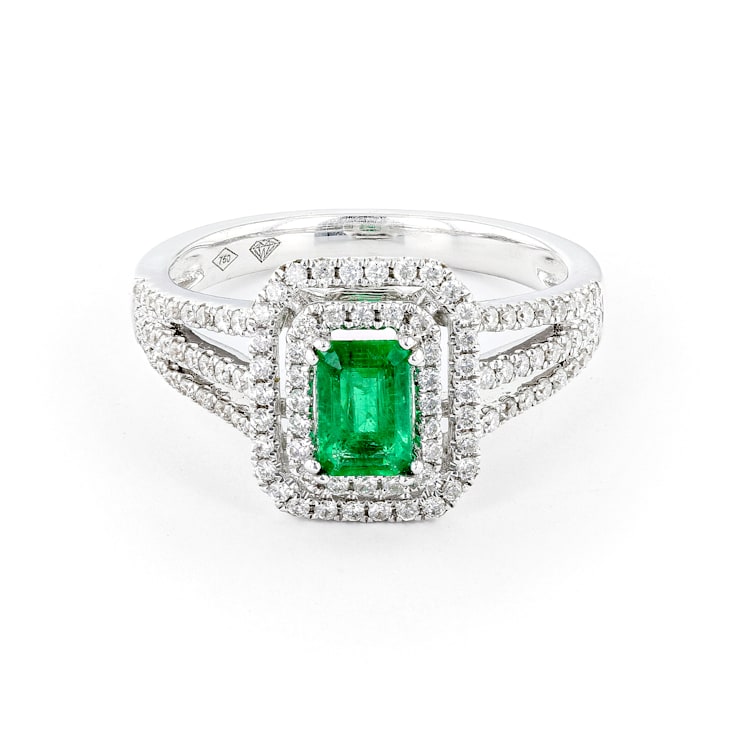 Emerald and White 18K White Gold Double Halo Ring