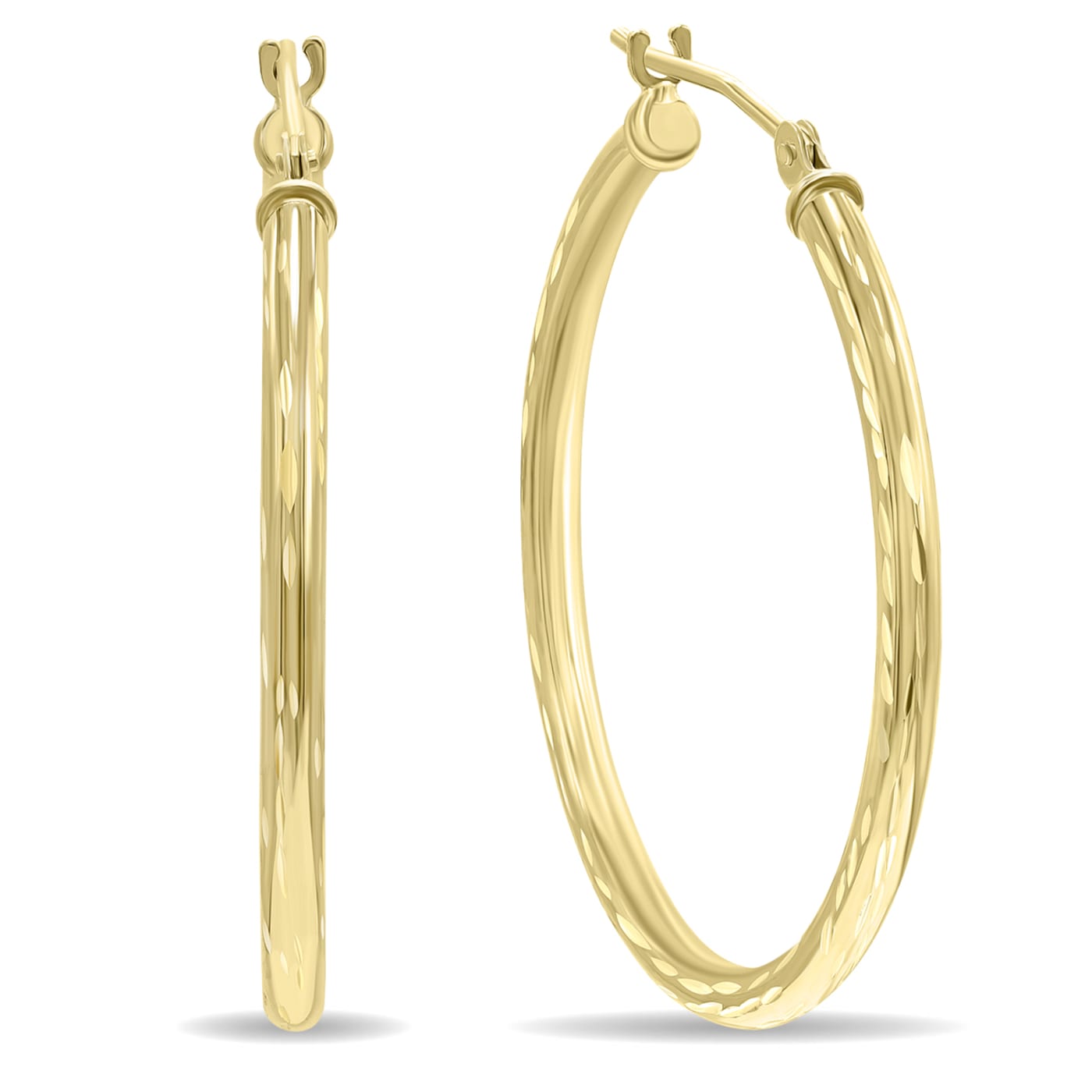 14K Yellow Gold Shiny Diamond Cut Engraved Hoop Earrings (30mm) - 1CM55A