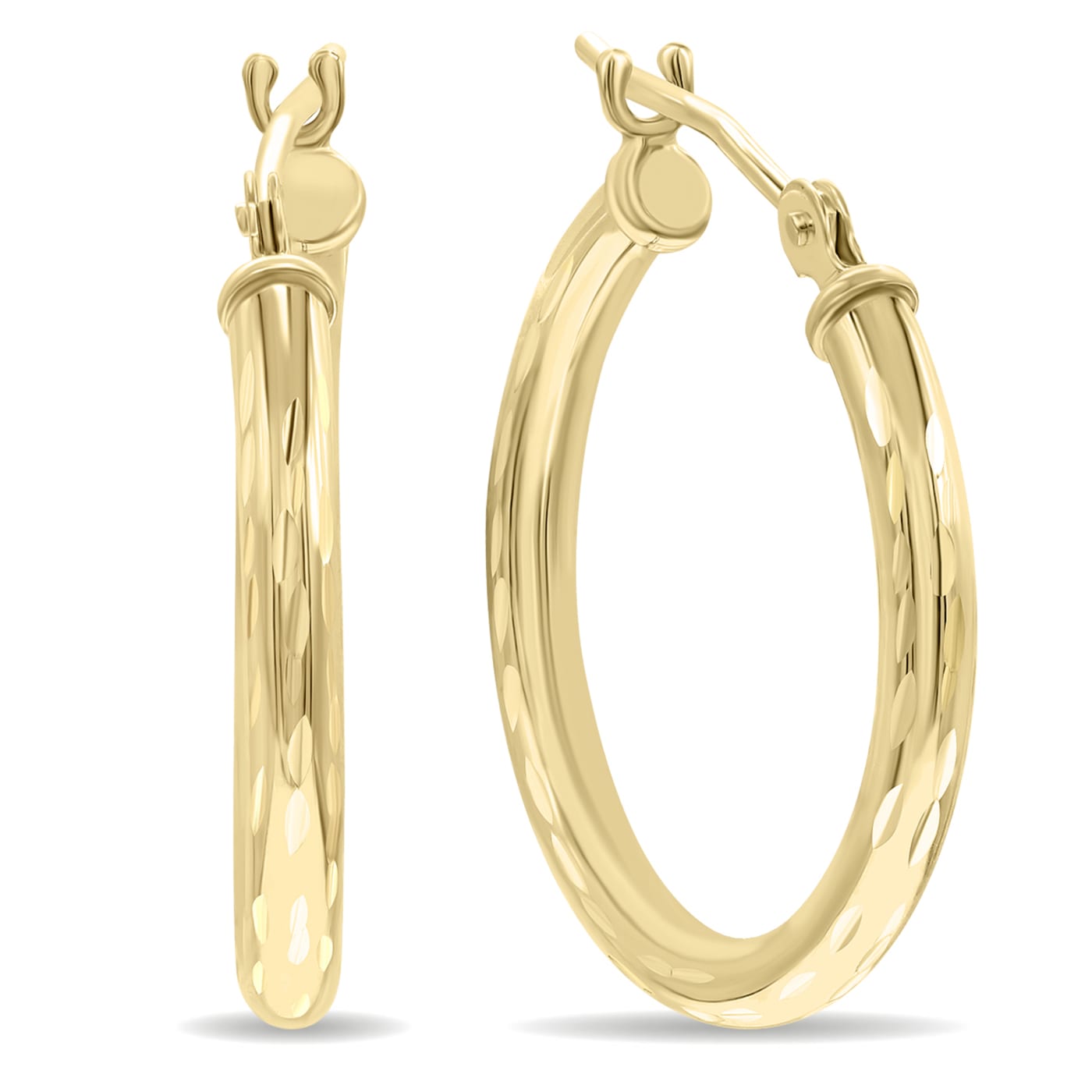 10K Yellow Gold Shiny Diamond Cut Engraved Hoop Earrings (20mm 