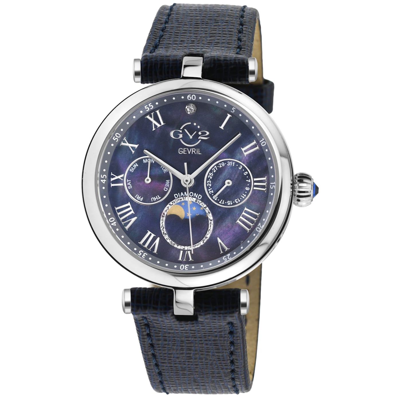 GV2 Florence Women's Blue Mother of Pearl Diamond Cut Dial Blue Leather  Strap Watch - 19YQWA
