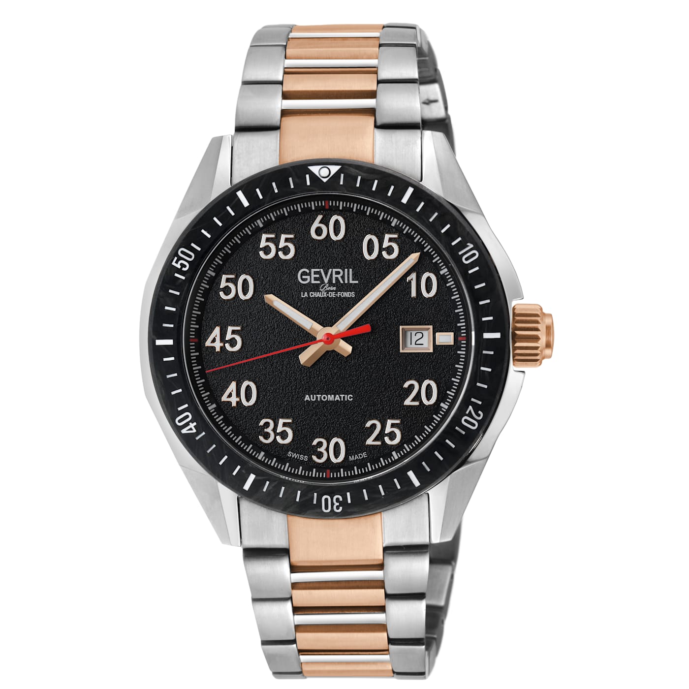 Gevril Men s Ascari Automatic Watch SS Case Black Forged Carbon Top Ring SS IP Rose Gold Bracelet 110MRA