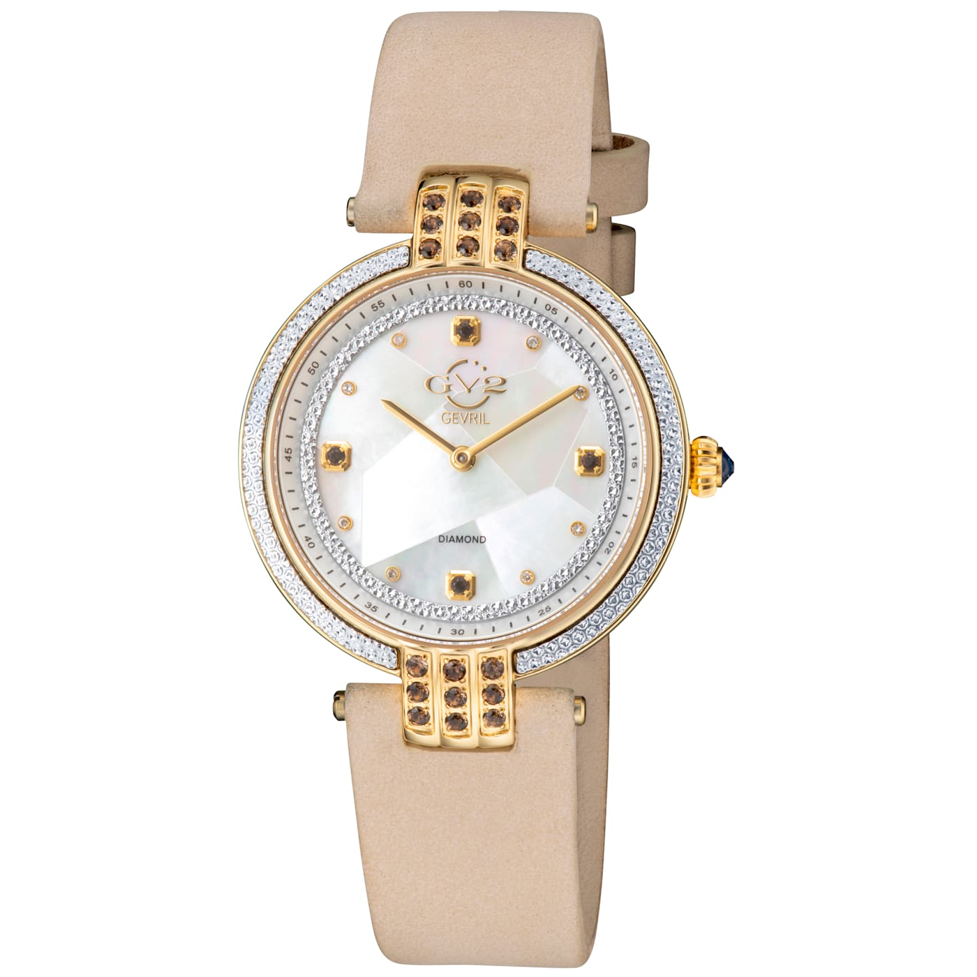 Gv2 By Gevril Women 12808 Matera Diamonds MOP Dial Ecru Suede Swiss Quartz Watch 1128QA