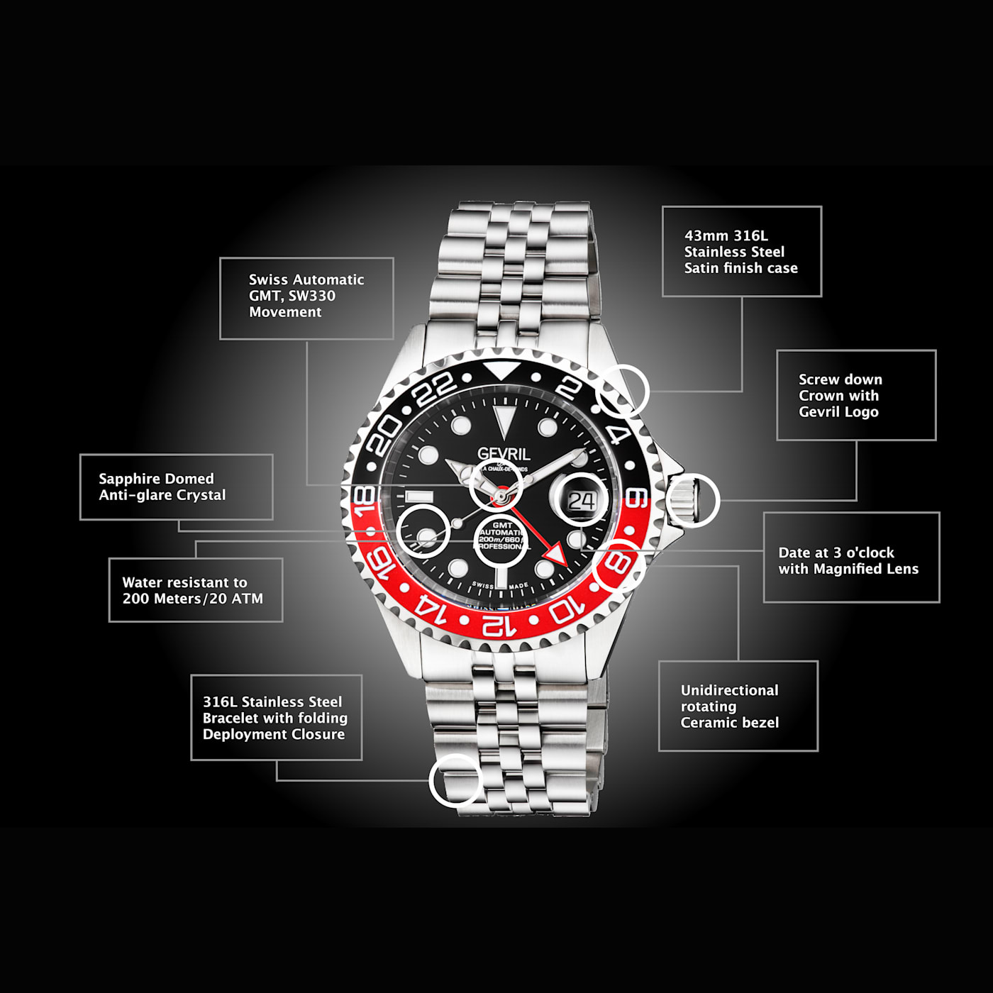 Gevril Men's 4952B Wall Street Swiss Automatic Ceramic Bezel