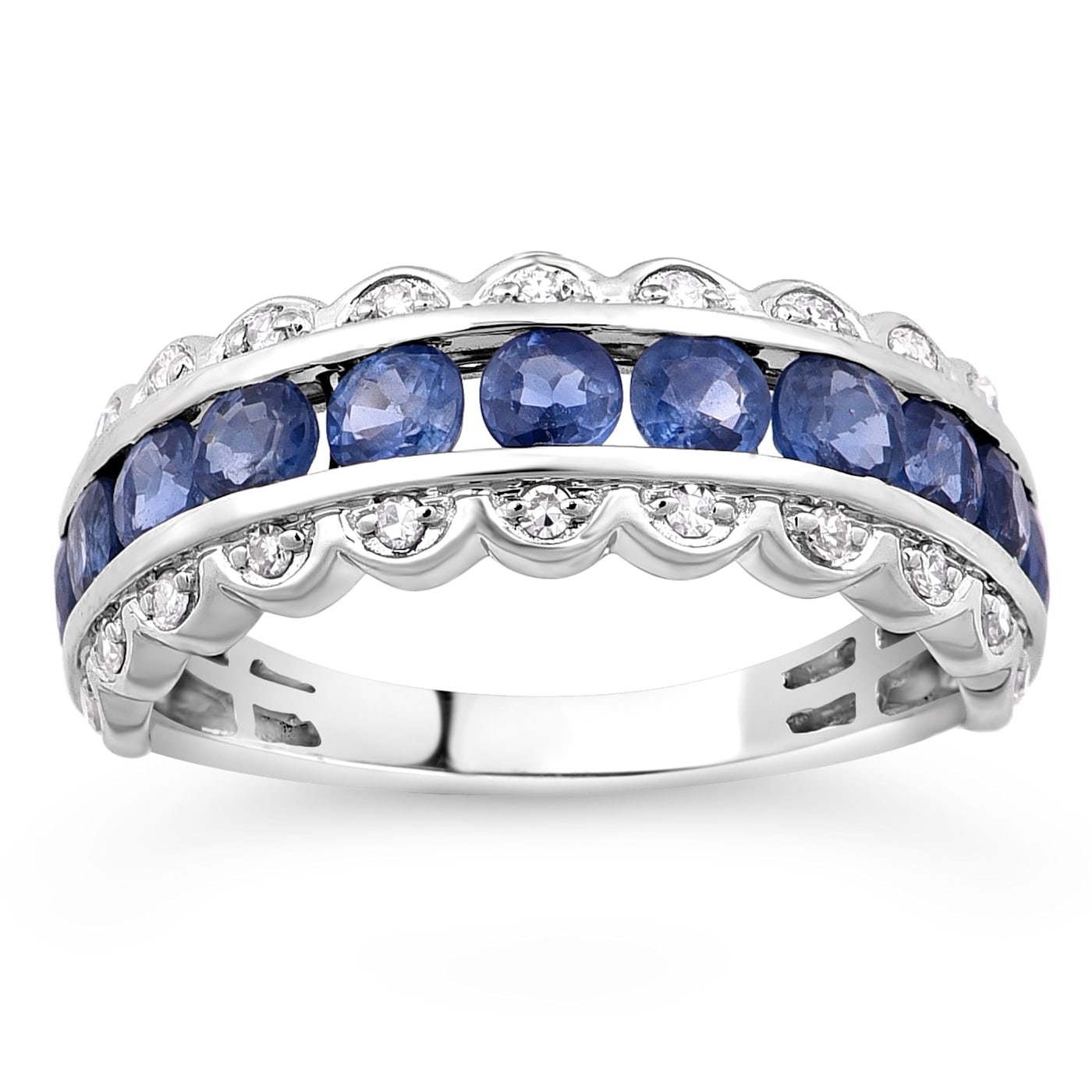14K White Gold, 1.5ctw Blue Sapphire & 0.12ctw Diamond Band Ring