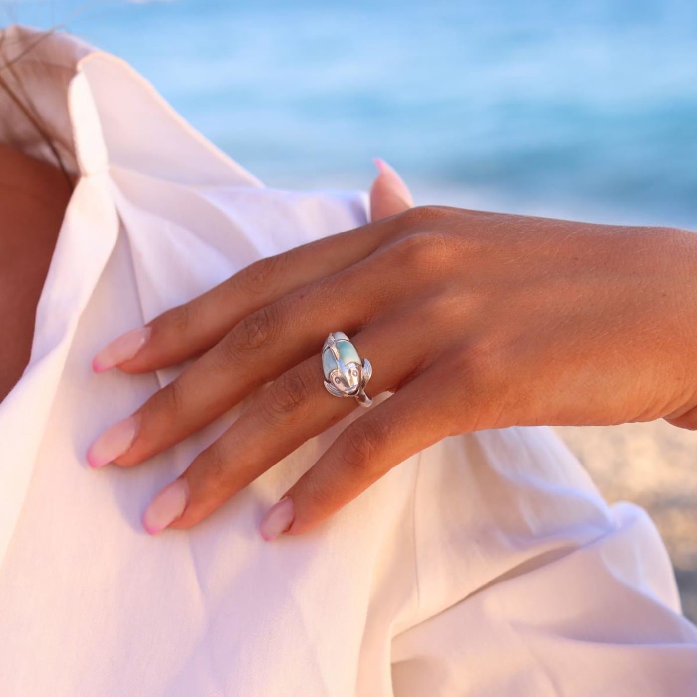 Larimar Rhodium Over Sterling Silver Fish Ring - 1Y2Z5A
