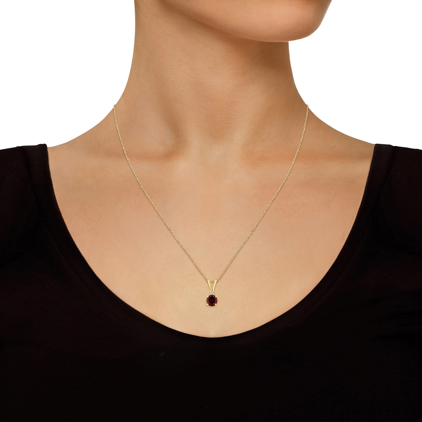 6mm Round Garnet with Diamond Accent 14k Yellow Gold Pendant With Chain -  1C8W5D