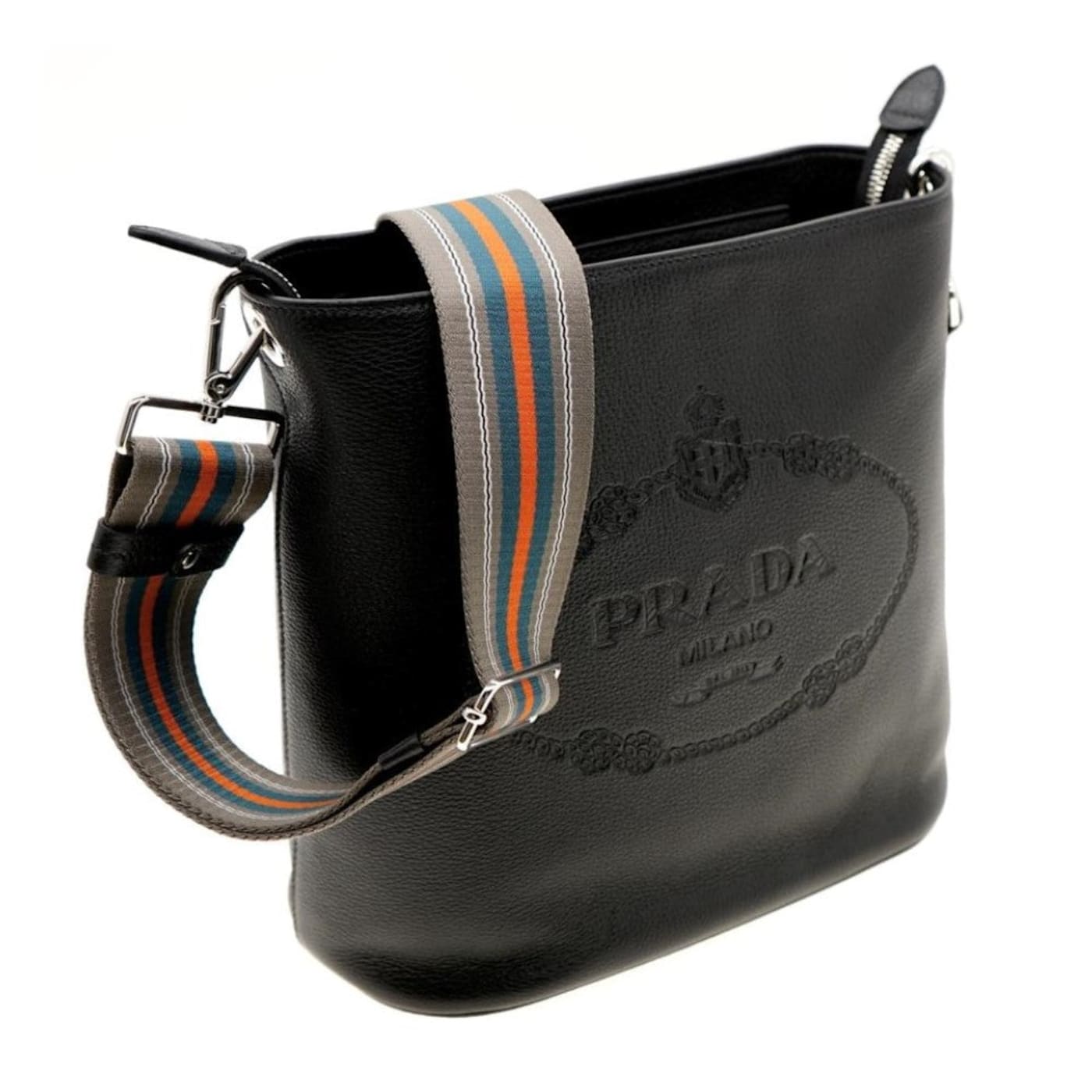 Prada Vitello Phenix Black Leather Web Strap Crossbody