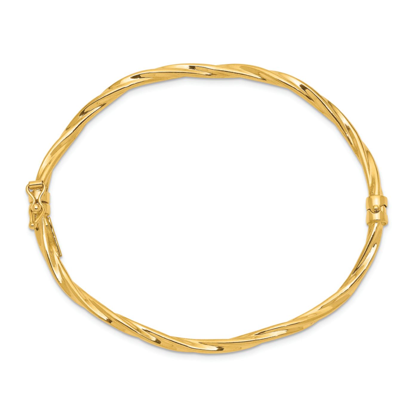14k Yellow Gold Polished 3mm Twisted Hinged Bangle Bracelet