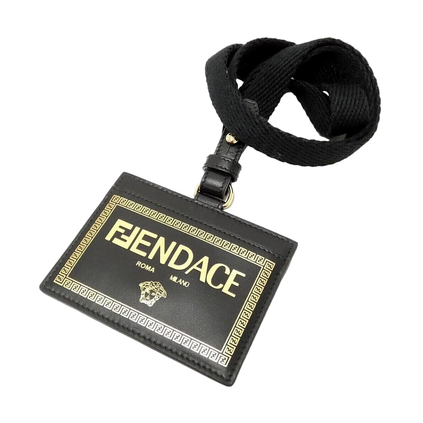 Fendi Fendace Black Leather Card Case Wallet Lanyard - 1D2ZGA
