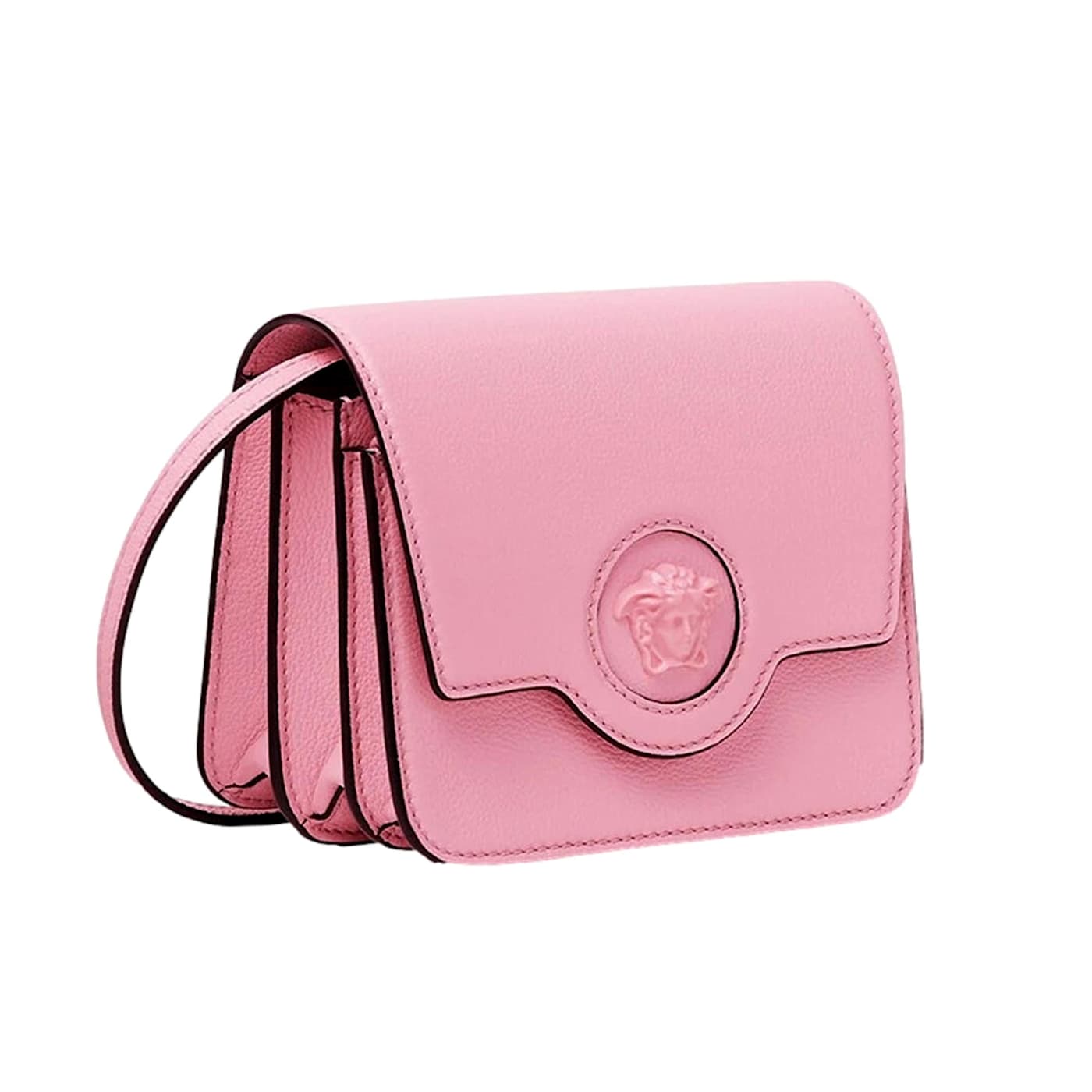 Versace La Medusa Logo Plaque Pink Pebbled Leather Crossbody