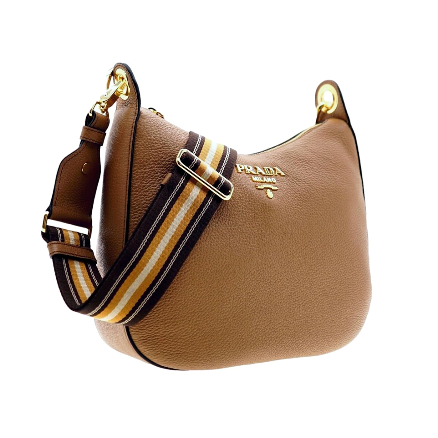 Prada Vitello Phenix Caramel Brown Leather Web Stripe