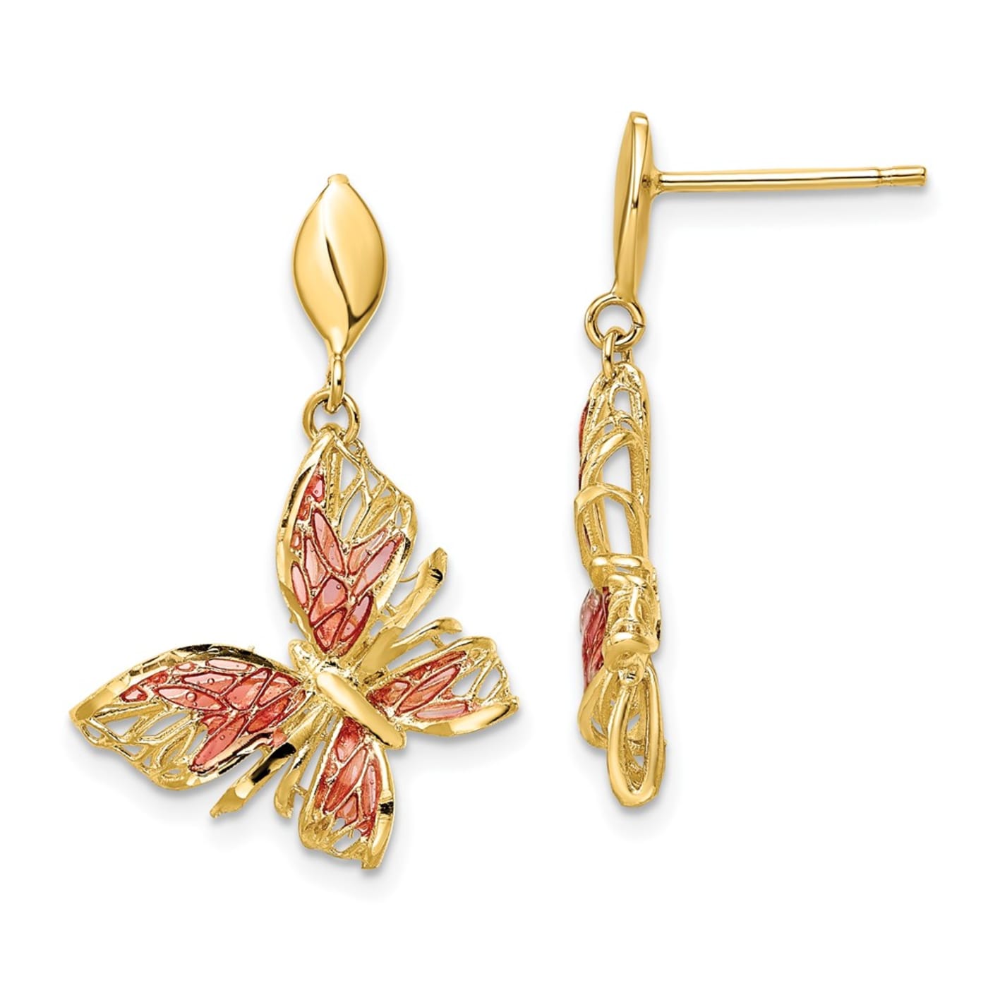 14K Yellow Gold Polished Diamond cut Pink Enamel Butterfly Post