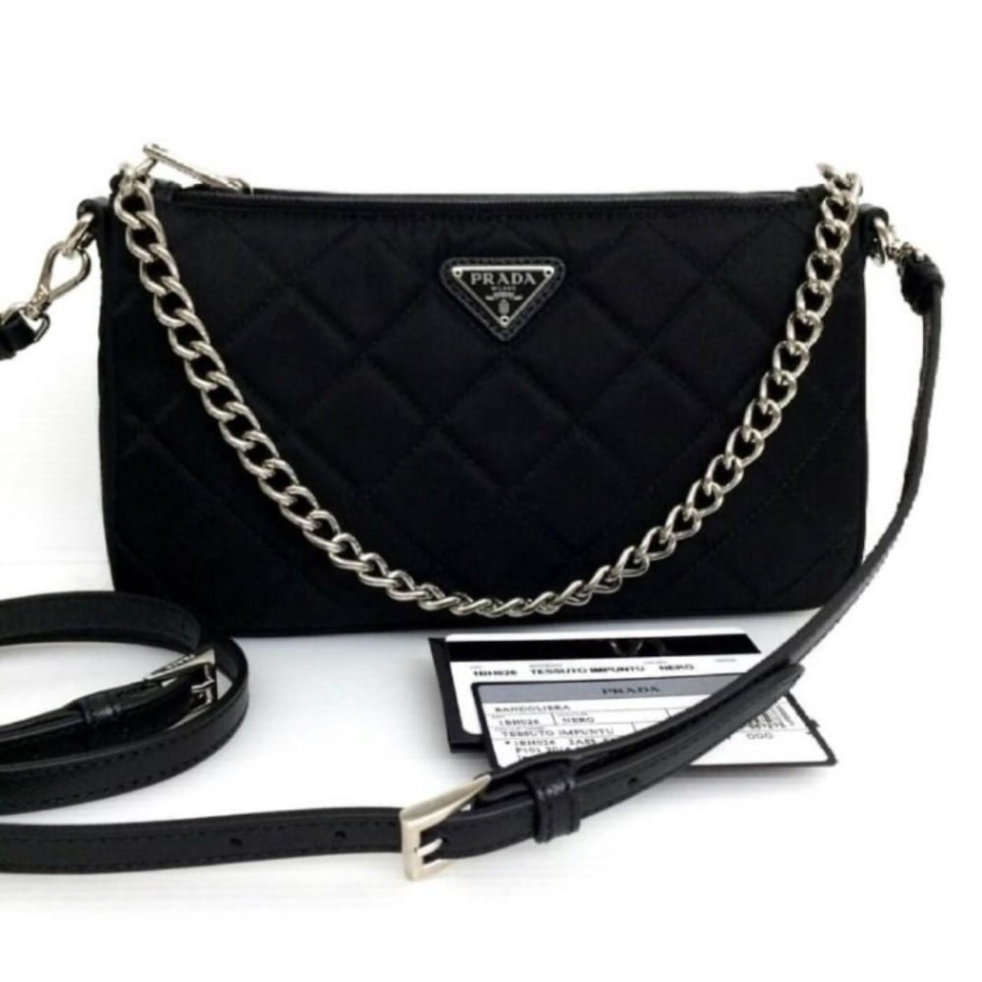 Prada Black Tessuto Nylon Quilted Chain Crossbody Bag - 184WBA