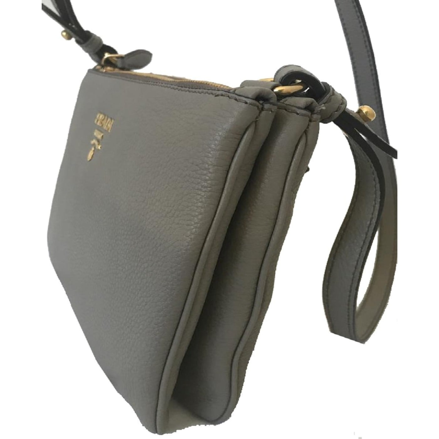 Prada Vitello Phenix Argilla Gray Leather Logo Plaque