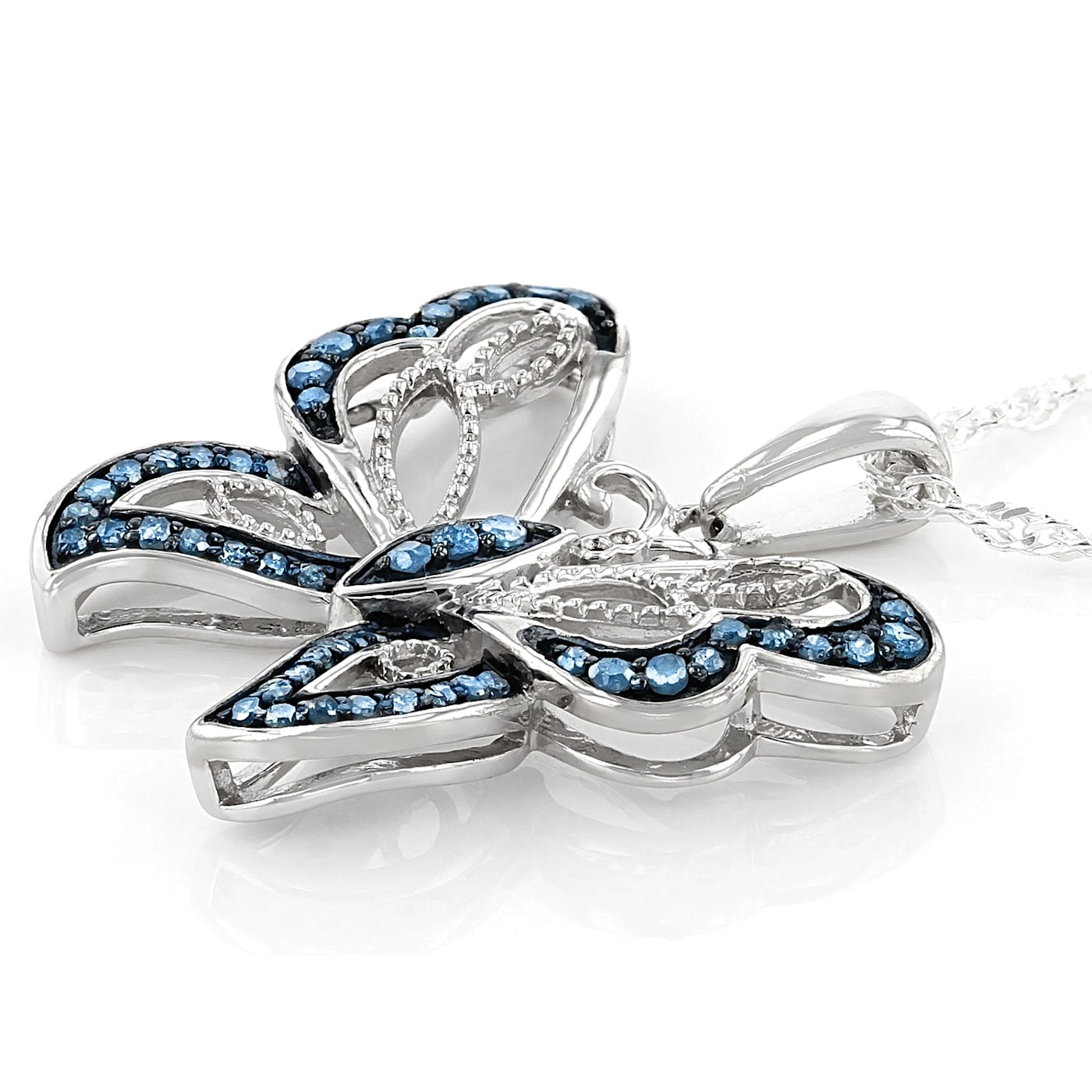 Blue Diamond Rhodium Over Sterling Silver Butterfly Pendant With 