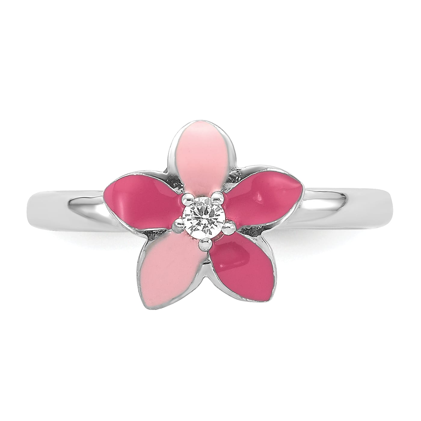 Rhodium Over Sterling Silver Pink Enameled and Cubic Zirconia Flower Children s Ring 12VG3A